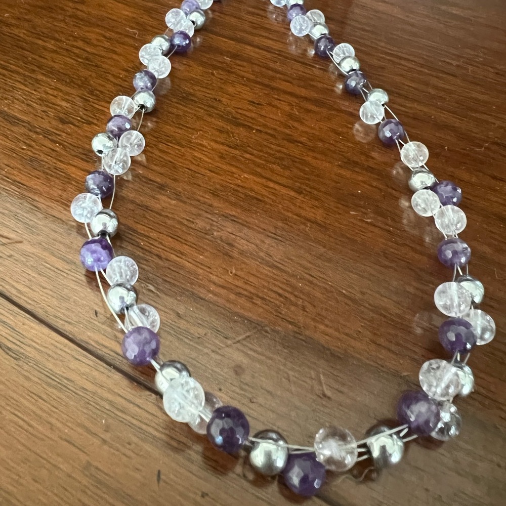 Purple, silver and clear cut beads hand-beaded 3-strand necklace